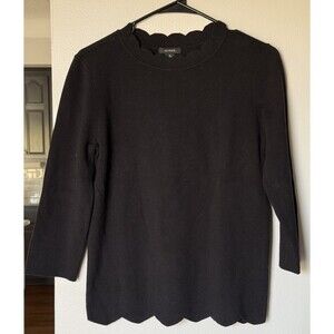 Halogen Women Black Pullover Sweater 3/4 Sleeves Scalloped Edges Sz M Petite
